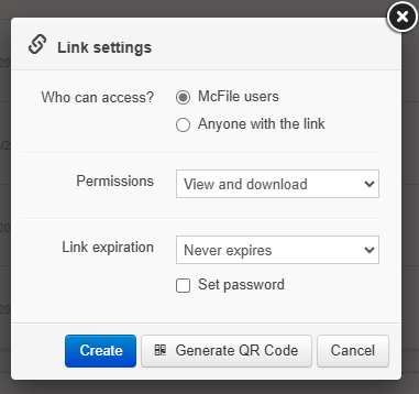 Config menu for a shareable link