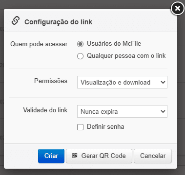 Link sharing configuration menu