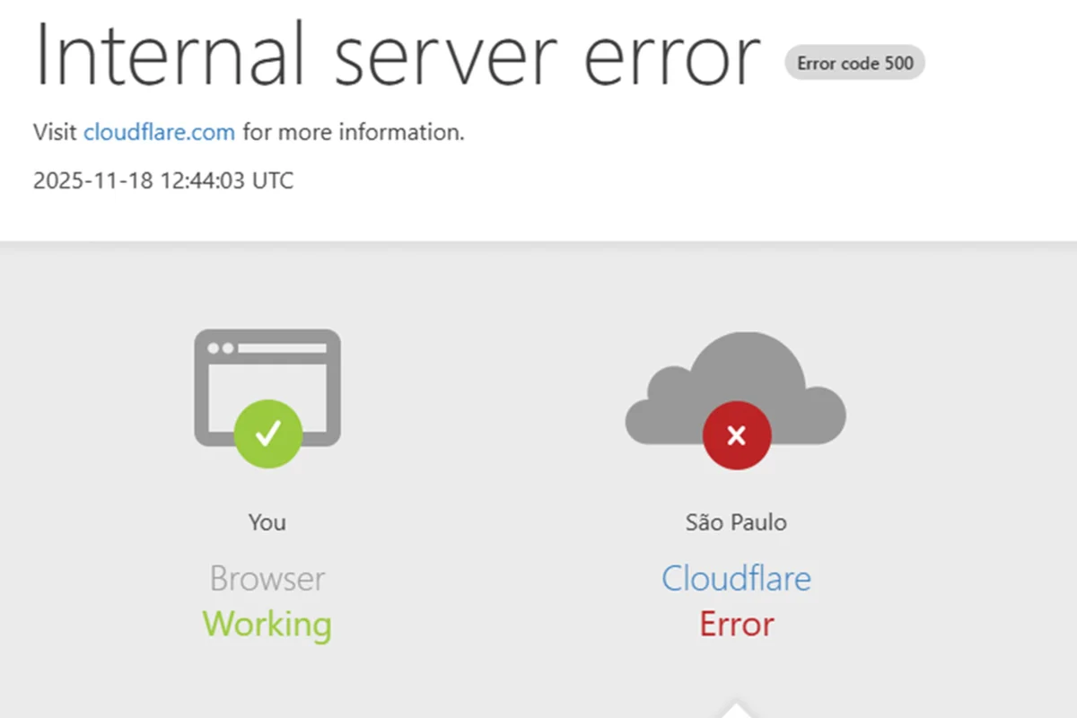 Imagem da tela de erro "Internal server error 500" da Cloudflare, mostrando uma falha no serviço para São Paulo.