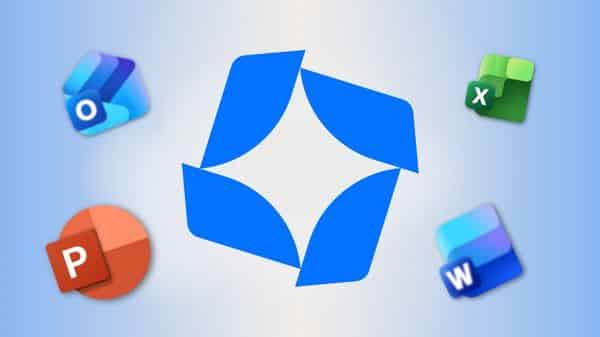 Ícones do Microsoft 365 com Word, Excel, PowerPoint e Outlook ao redor do símbolo da McFile