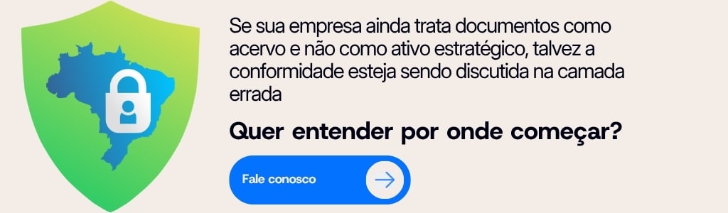 Banner sobre governança da informação e LGPD no Brasil com ícone de escudo e cadeado, destacando a importância de tratar documentos como ativos estratégicos e chamada para falar com especialista