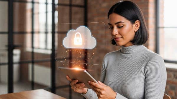 Profissional utilizando tablet com ícone de nuvem e cadeado representando segurança de dados, cloud computing e governança da informação nas empresas