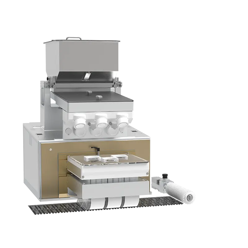 Metal industrial feeder with a rectangular frame, front-mounted controls, and a side roller.