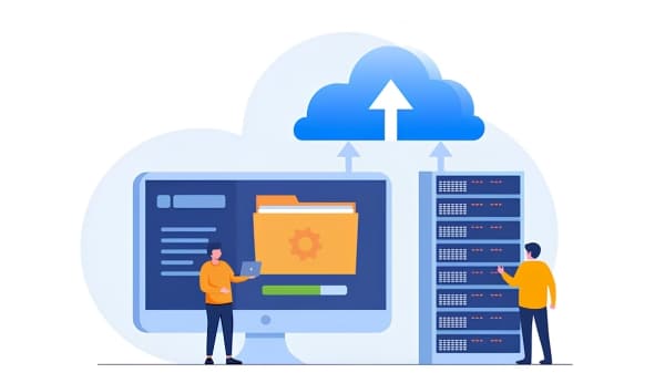 Illustration of cloud storage with a monitor displaying a digital folder, a file transfer progress bar, servers, and characters managing data.