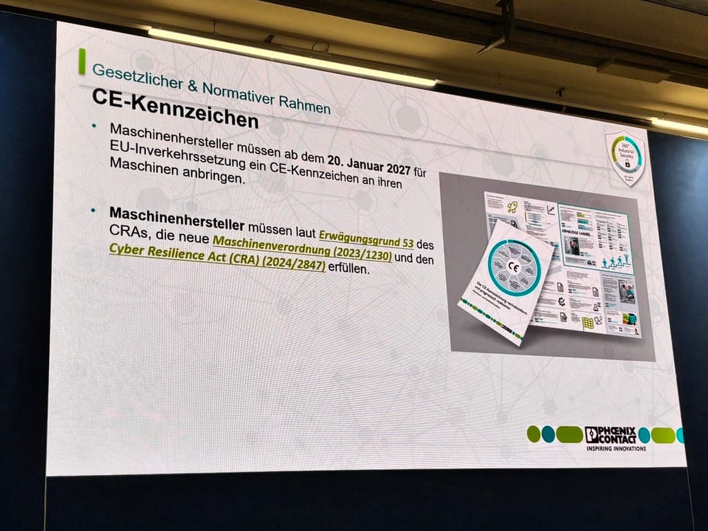 Slide sobre a marcação CE, indicando que fabricantes de máquinas deverão afixar o selo CE a partir de 20 de janeiro de 2027 e cumprir o Regulamento de Máquinas 2023/1230 e o Cyber Resilience Act 2024/2847