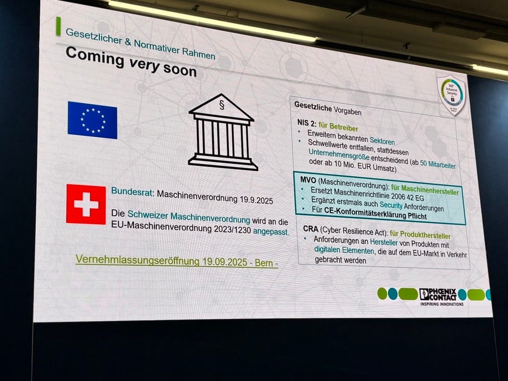 Slide sobre o novo quadro legal e normativo europeu, listando NIS 2 para operadores, o Regulamento de Máquinas para fabricantes de máquinas e o Cyber Resilience Act para fabricantes de produtos com elementos digitais