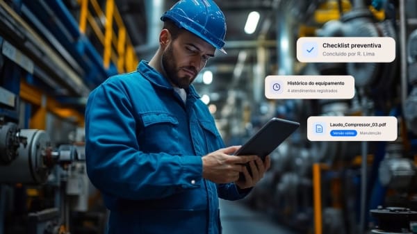 Técnico de manutenção consulta laudo, histórico do equipamento e checklist em um tablet