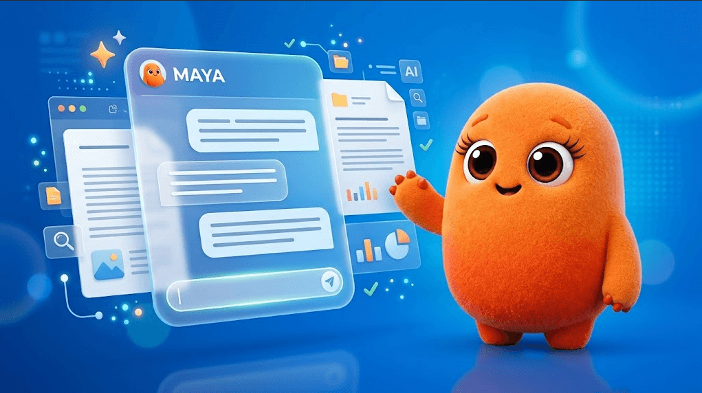 Maya IA da McFile ao lado de uma interface de inteligência artificial para gestão documental, com documentos digitais, gráficos e recursos de automação.